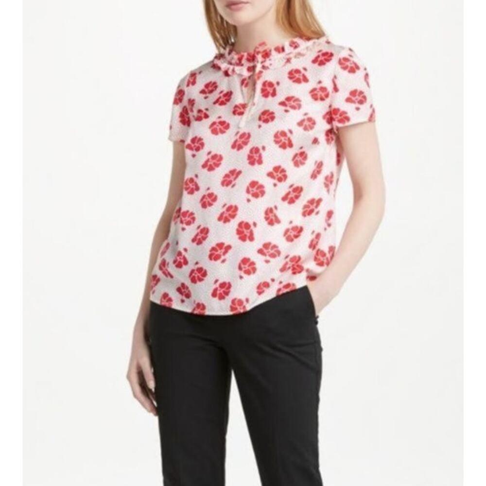 Boden Amanda Silk Blend Ruffle Neck Floral Short Sleeve Blouse Size 6